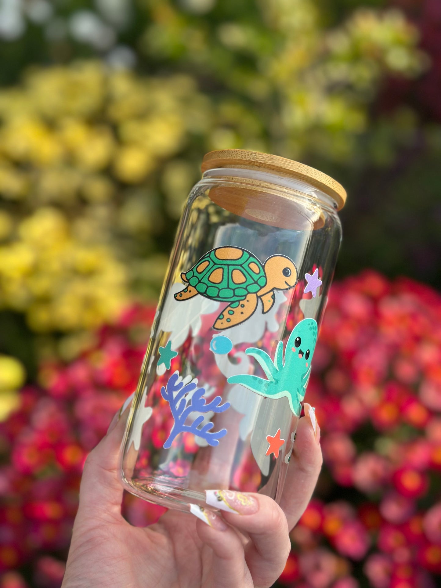 Eco-Friendly Glass Tumbler: Bamboo Lid & Reusable Straw (Under the Sea)