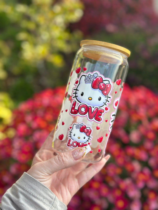 Eco-Friendly Glass Tumbler: Bamboo Lid & Reusable Straw (Pink Cat)