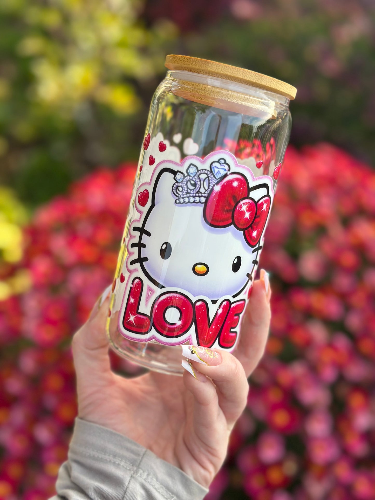 Eco-Friendly Glass Tumbler: Bamboo Lid & Reusable Straw (Pink Cat)