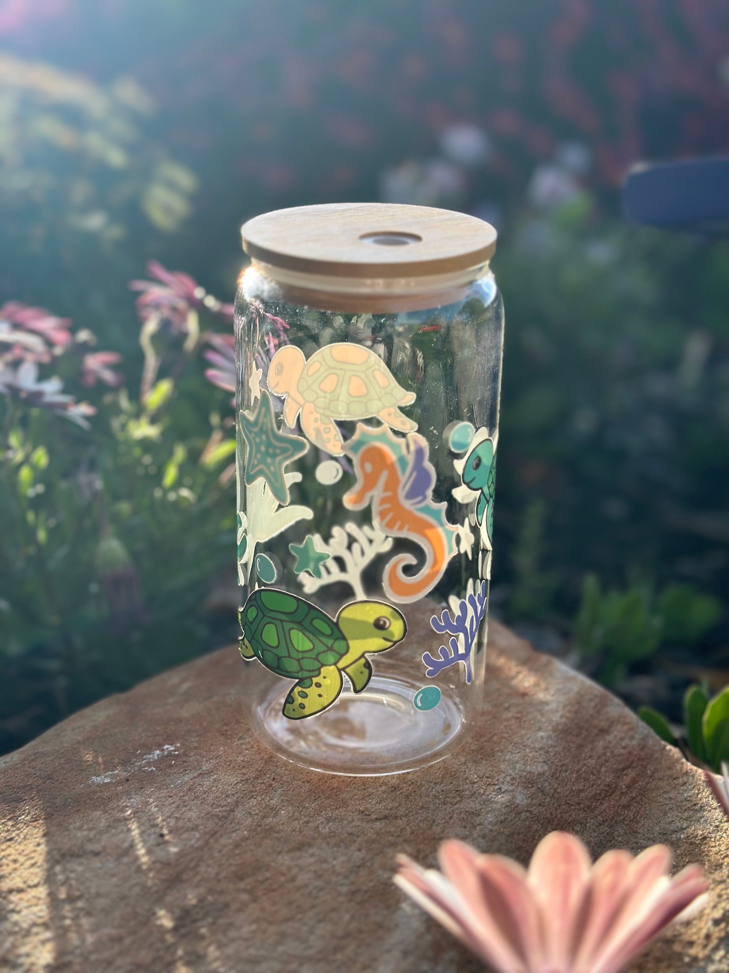 Eco-Friendly Glass Tumbler: Bamboo Lid & Reusable Straw (Under the Sea)