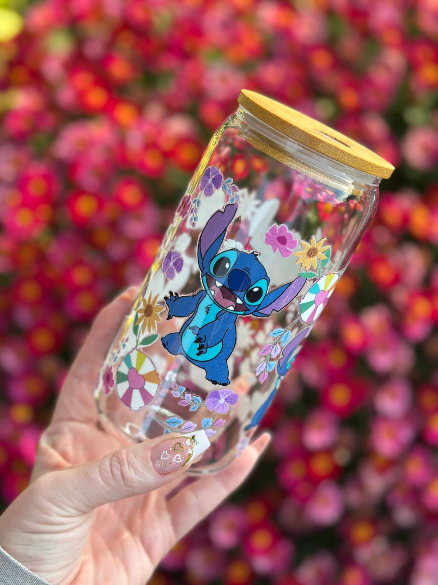 Eco-Friendly Glass Tumbler: Bamboo Lid & Reusable Straw (Blue Cartoon)