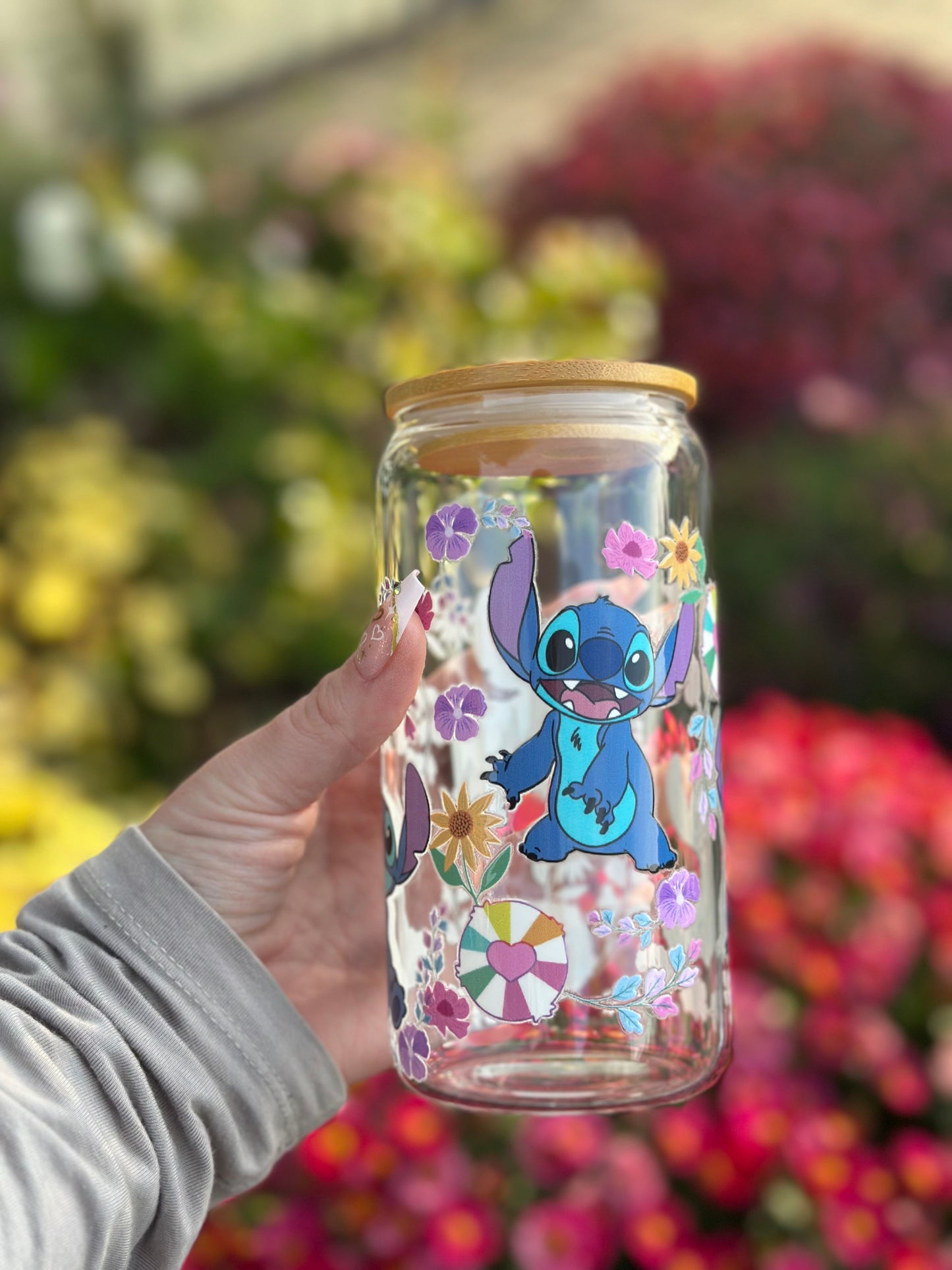 Eco-Friendly Glass Tumbler: Bamboo Lid & Reusable Straw (Blue Cartoon)