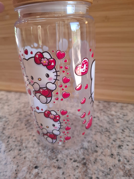 Eco-Friendly Glass Tumbler: Bamboo Lid & Reusable Straw (Hello Kity)